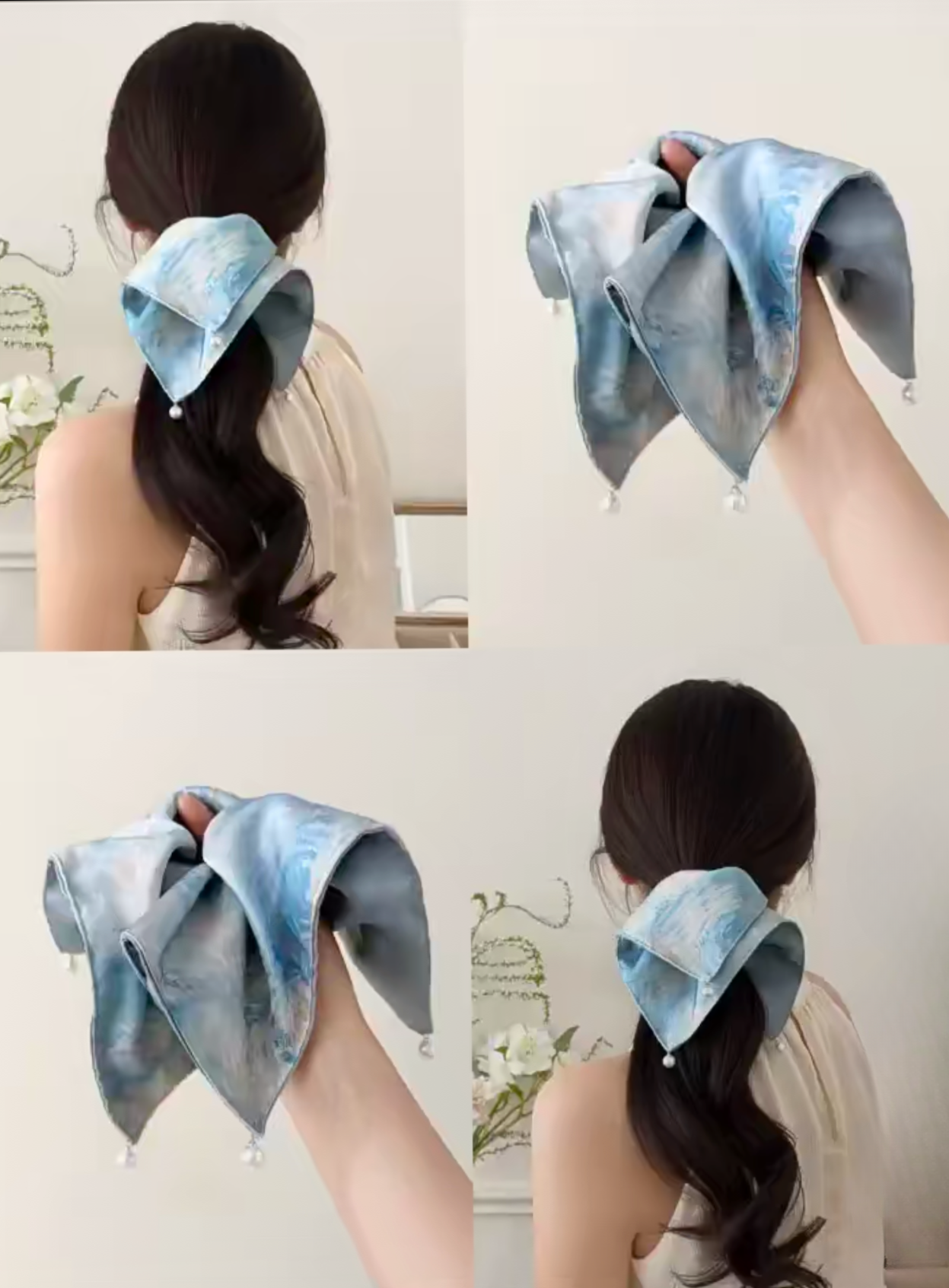 Collage of a Blue and white tie-dye satin square handkerchief scrunchie with pearl detail worn by a person with long dark hair against a beige background, only at petitemurmure.com