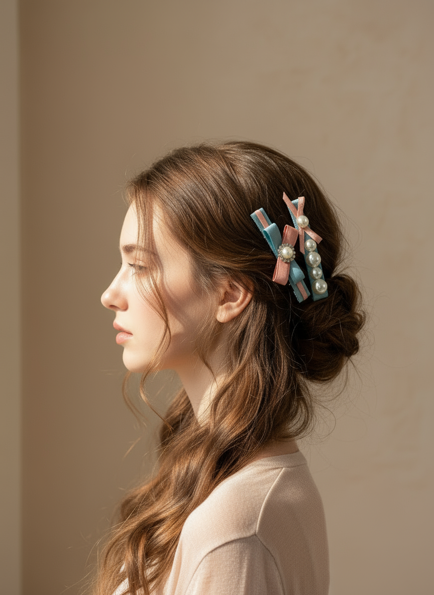 Woman with a bun wearing Pair of pink and blue colorblock hair clips with ribbons and pearls against a beige background