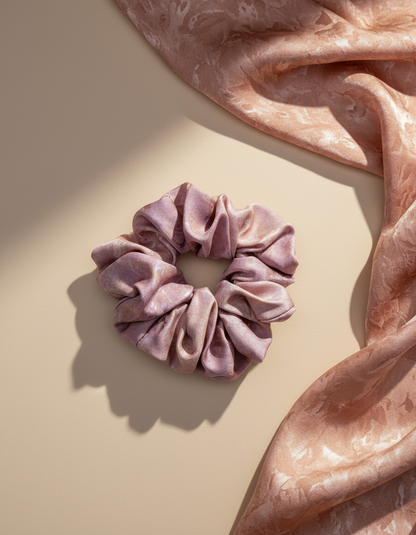 Pink handmade rose aromatic scented mulberry silk scrunchie on a beige surface with Pink rose aromatic scented mulberry silk fabric in the background