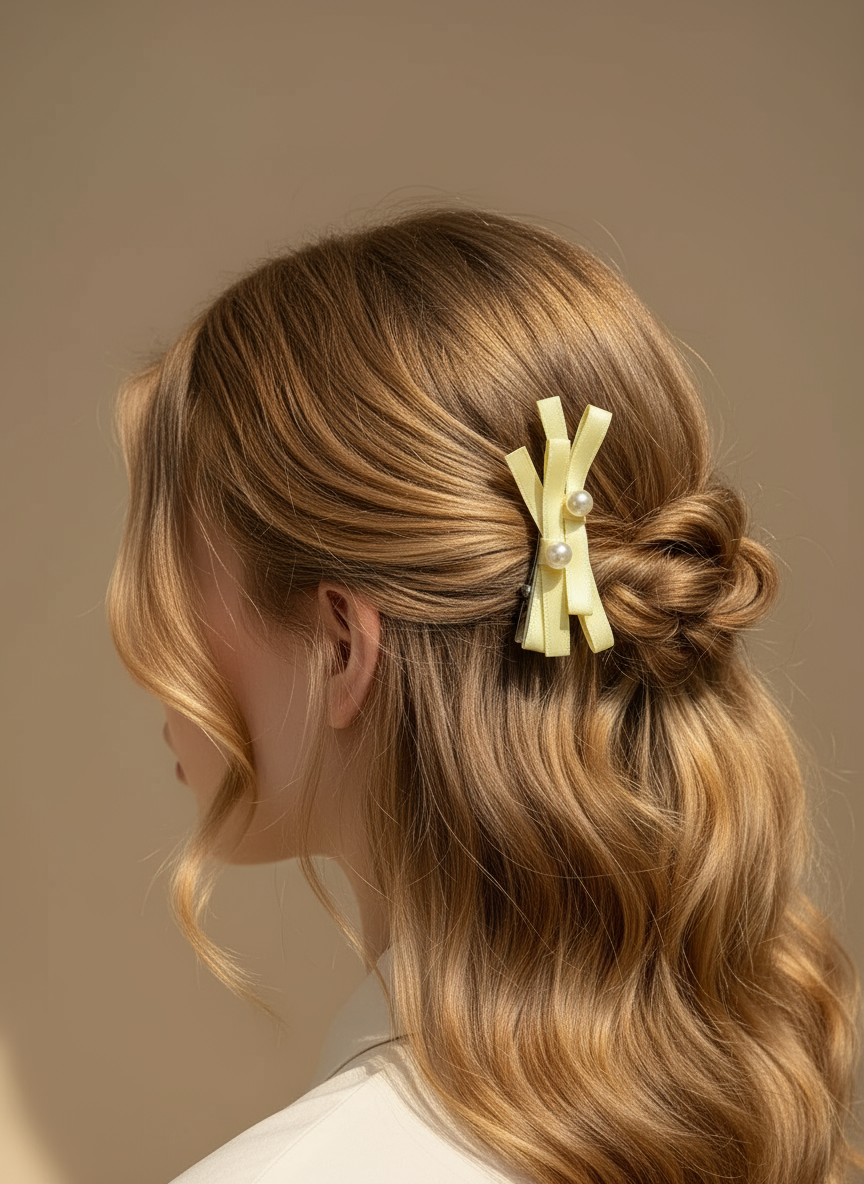 Woman with styled hair featuring yellow hair clips with layered  bows pearl accents against a neutral background