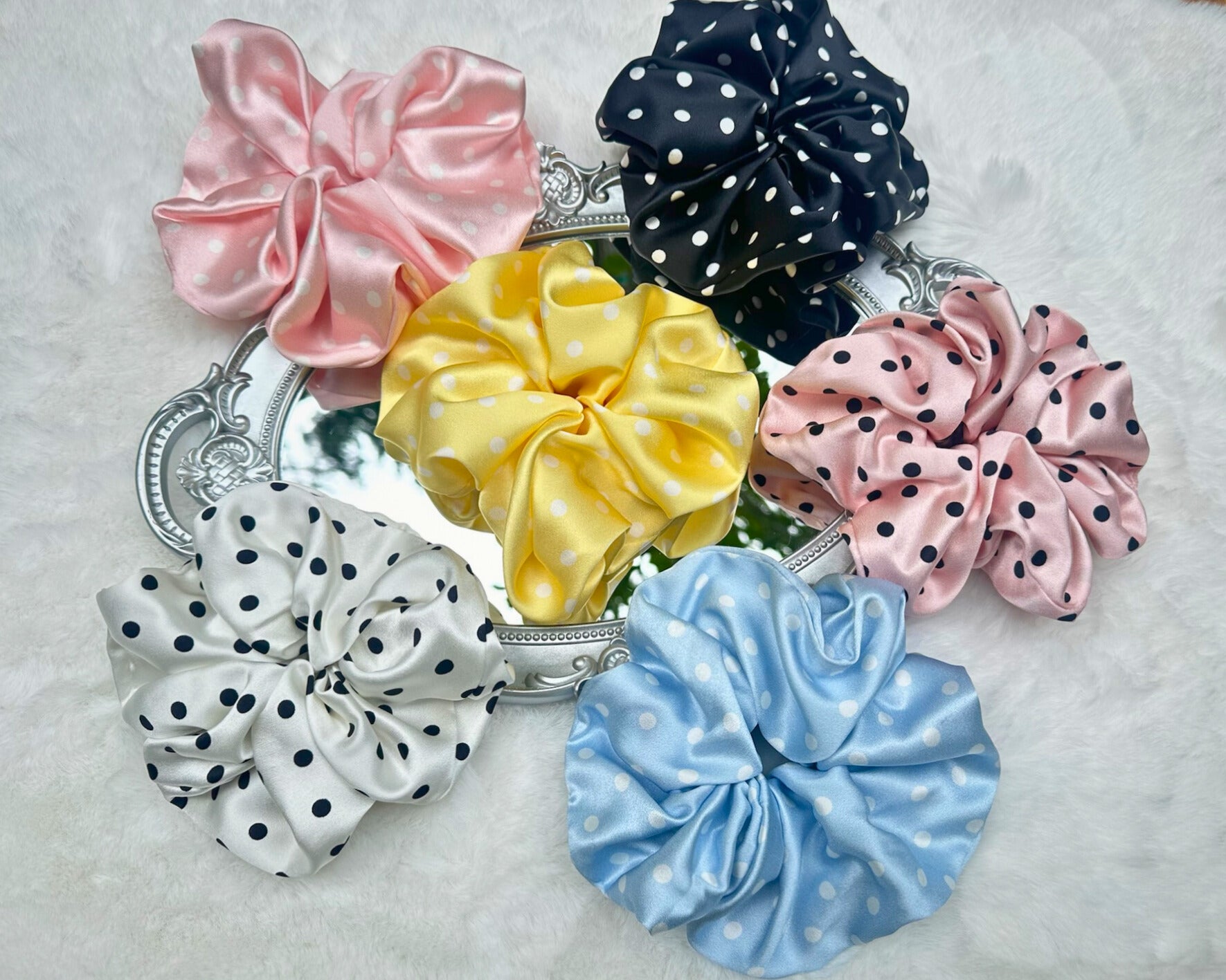 Large Dahlia Polka Mulberry Silk Scrunchies