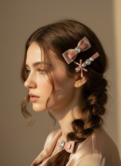 Woman with braided hair wearing Two pink hair bows with heart-shaped Swarovski crystal centers  hair clips against a neutral background