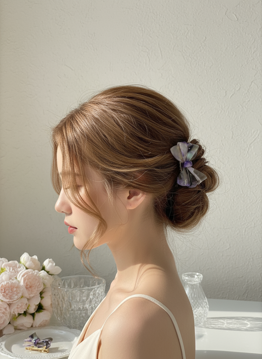 Woman with a stylish hair bun featuring a purple, Blush and smoky ombré aztec bow hair clip sitting indoors., ready for wedding, party . only at petite murmure