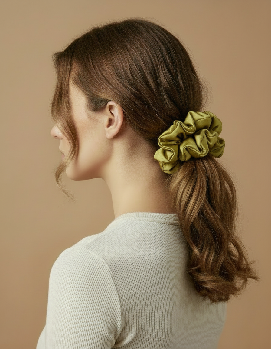 Woman with a Light champagne mustard handcrafted 30mm mulberry silk scrunchie in her ponytail against a beige background
