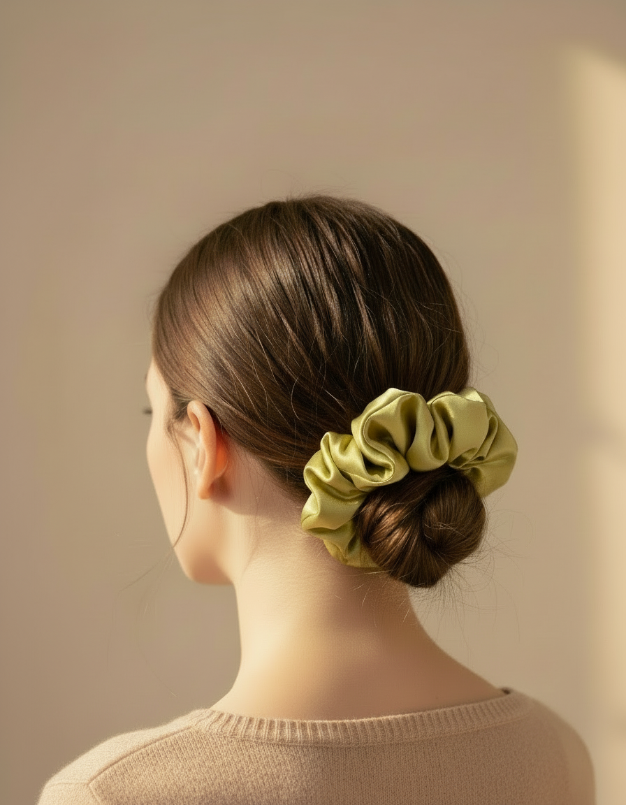 Woman with a Light champagne mustard handcrafted 30mm mulberry silk scrunchie  in her hair against a beige background