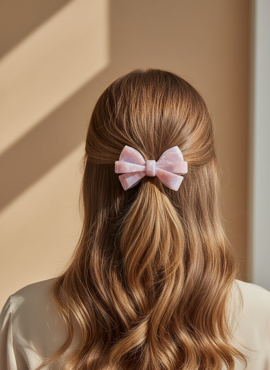 Person with long wavy hair wearing a pink and lilac Blush ombré aztec bow hair clip, against a beige wall.