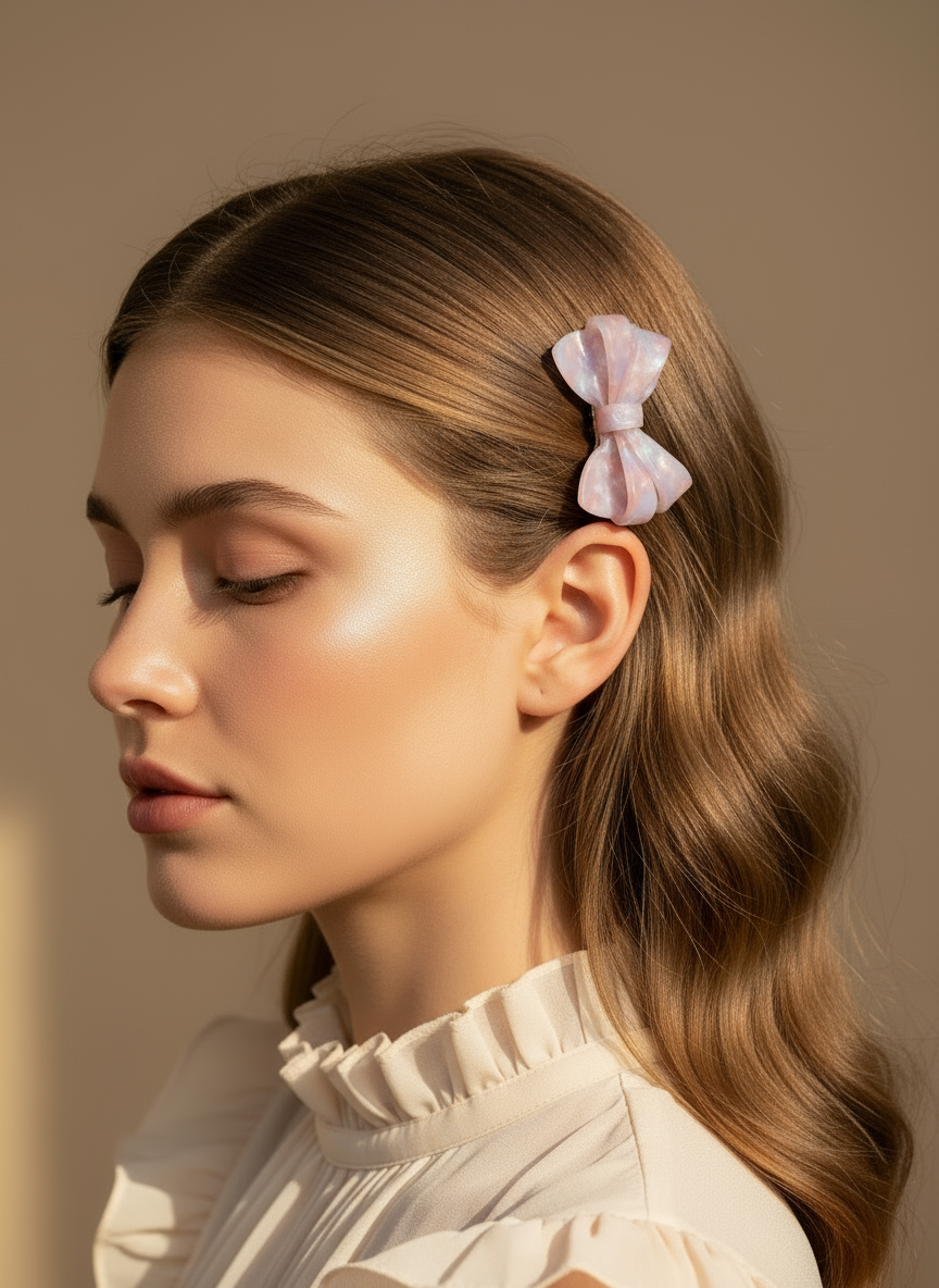 Woman with a Blush ombré aztec bow hair clip in her hair against a neutral background, she is ready for party, gathering , and weddings. only at petite murmure