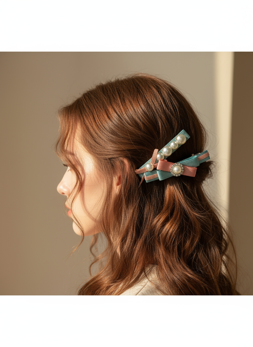 Woman with a Pair of pink and blue colorblock hair clips with ribbons and pearls in her hair against a neutral background