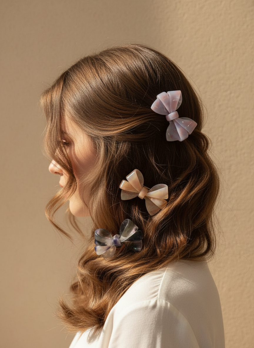 Woman with styled hair featuring decorative 3 different ombré aztec bow hair clip against a beige background, only at petite murmure
