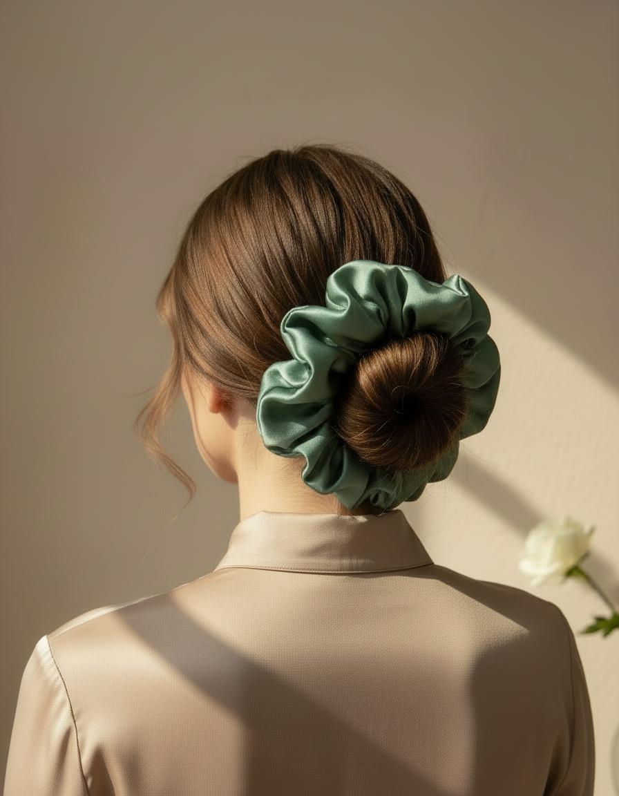 Person with a Green handcrafted 30mm luminous mulberry silk scrunchie in their hair against a neutral background
