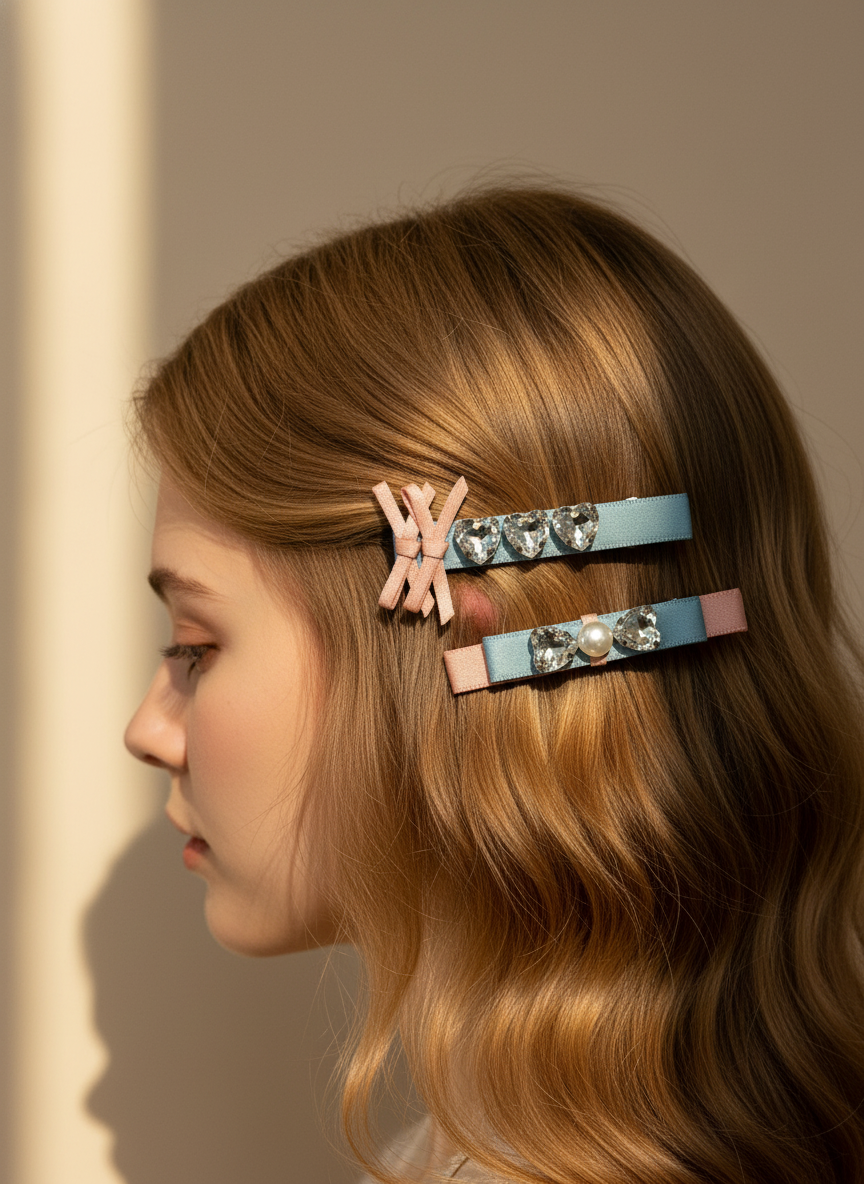 Woman with long light highlighted brown hair wearingTwo decorative hair clips with pink and blue ribbons and pearl and Swarovski crystals against a neutral background