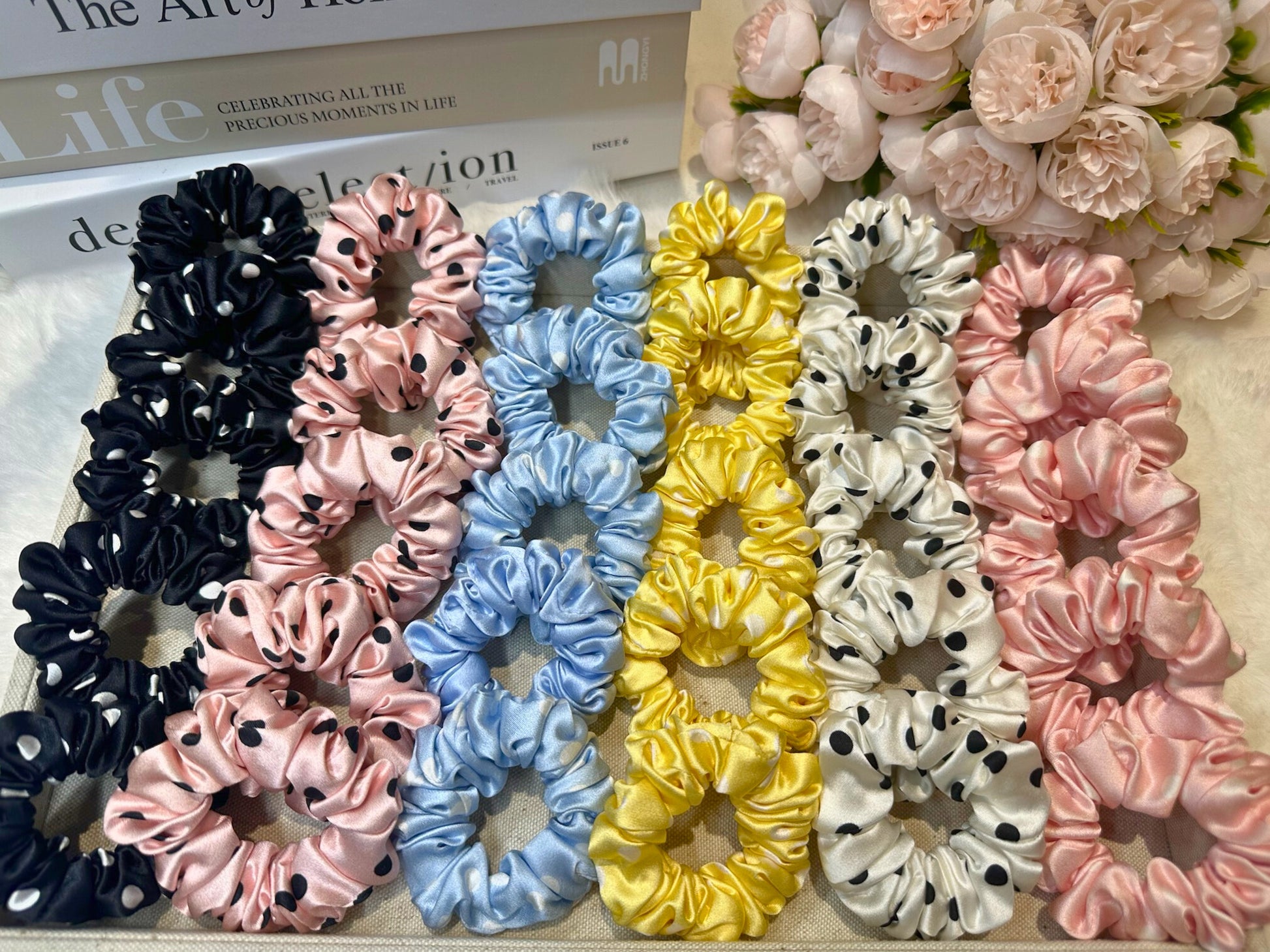 Small Dahlia Polka Mulberry Silk Srunchies