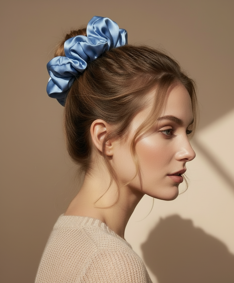Woman with a Blue handcrafted 30mm mulberry silk scrunchie in her hair against a beige background