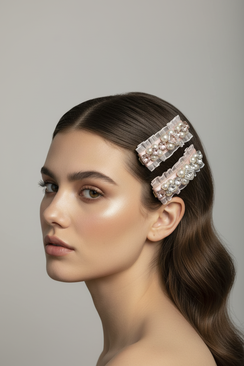 Woman wearing a Pair of hair clips with Swarovski crystals and pearls embellished and silky organza against a neutral background. only at Petite Murmure