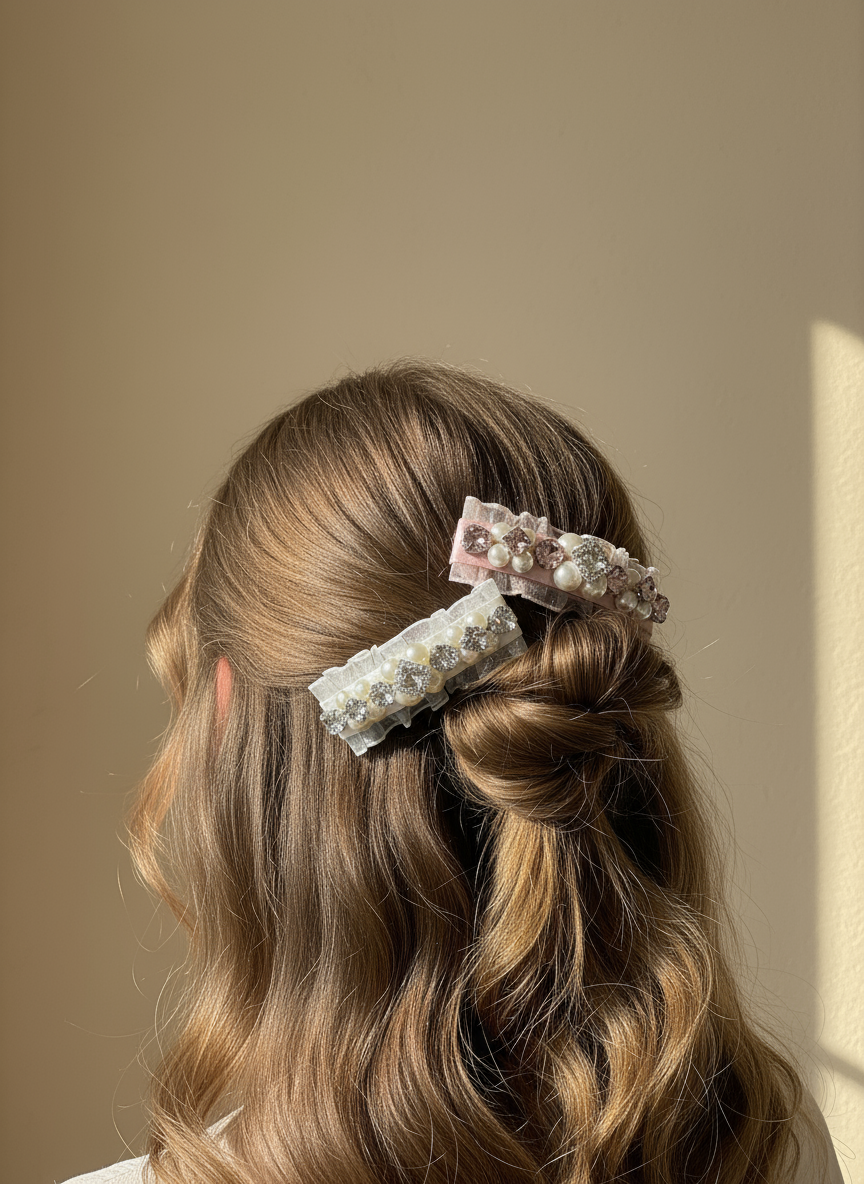 model with half Hair bun wears Pair of hair clips with Swarovski crystals and pearls embellished and silky organza against a beige background. Only at Petite Murmure