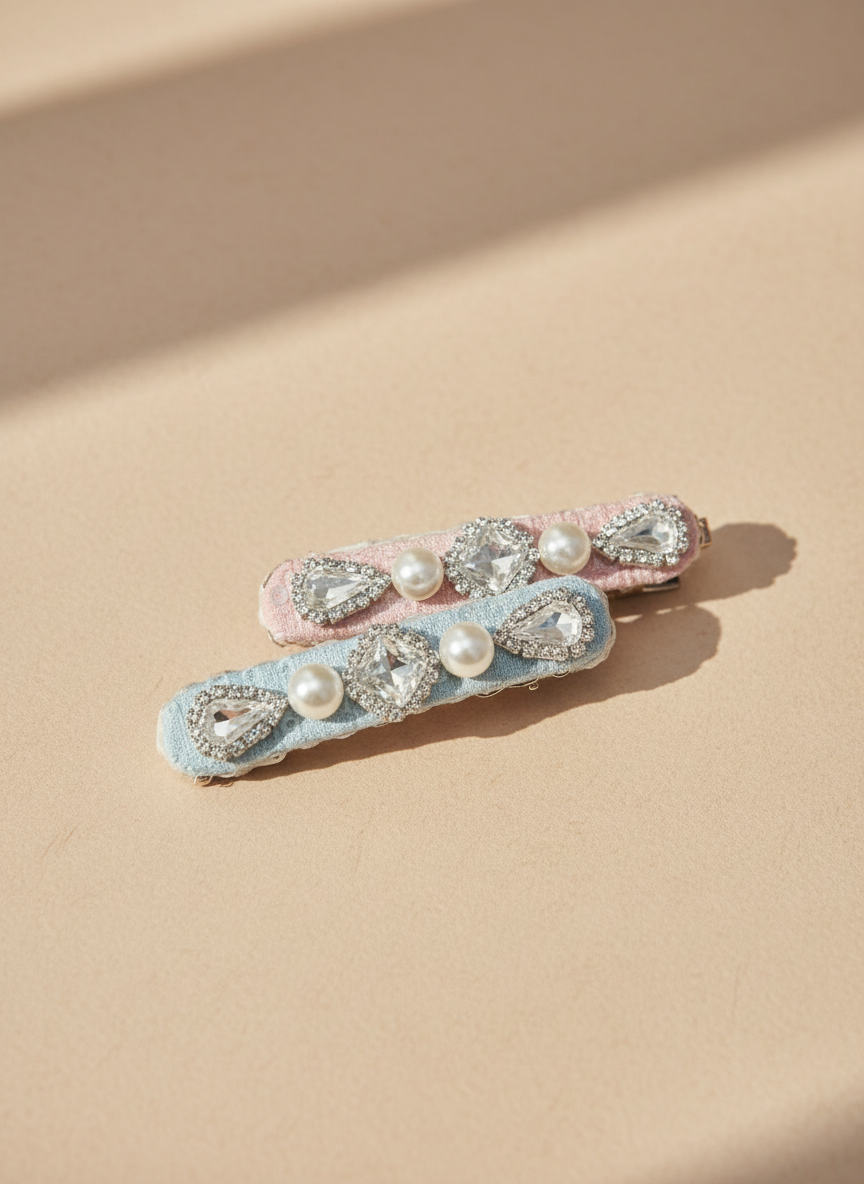 Two  handmade decorative lace hair clip with pearls and Swarovski crystals on a soft neutral background. Only at Petite Murmure 