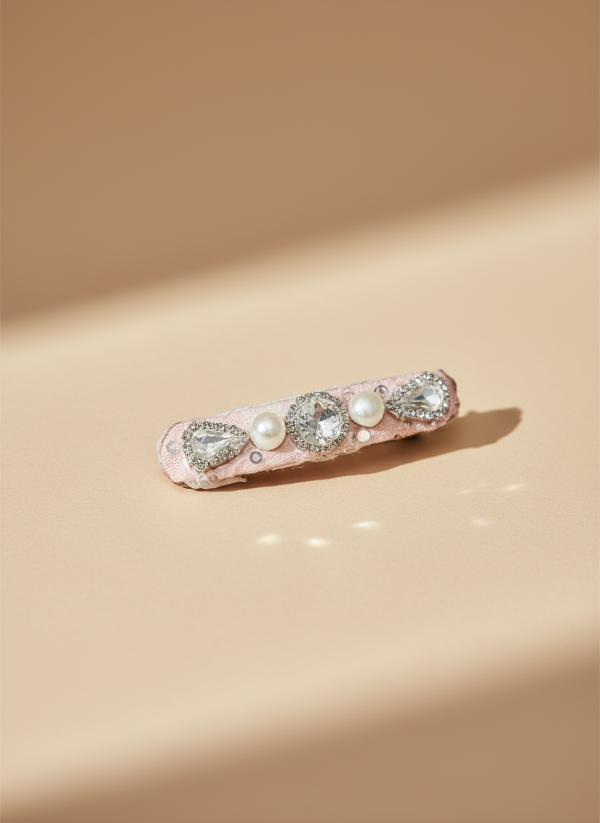  handmade decorative lace hair clip with pearls and Swarovski crystals on a soft neutral background. Only at Petite Murmure 