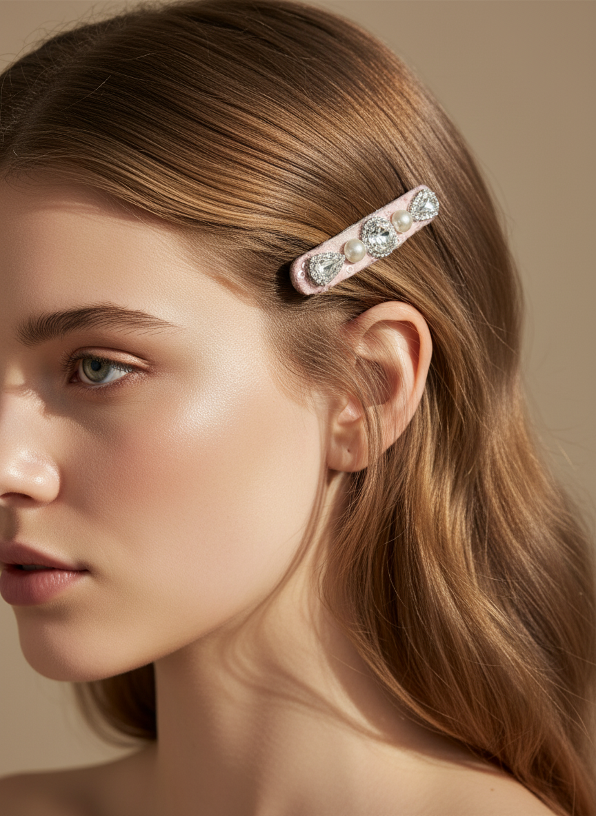 Close-up of a woman's head with a handmade Swarovski crystals and pearl detail hair clip on a beige background, only at petite murmure