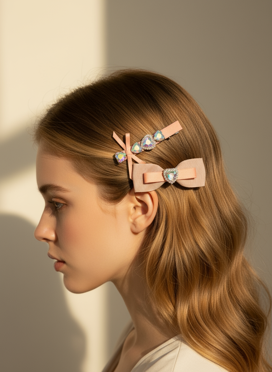 Woman with styled hair wearing Two pink hair bows with heart-shaped Swarovski crystal centers hair clip against a neutral background
