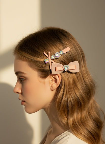 Woman with styled hair wearing Two pink hair bows with heart-shaped Swarovski crystal centers hair clip against a neutral background