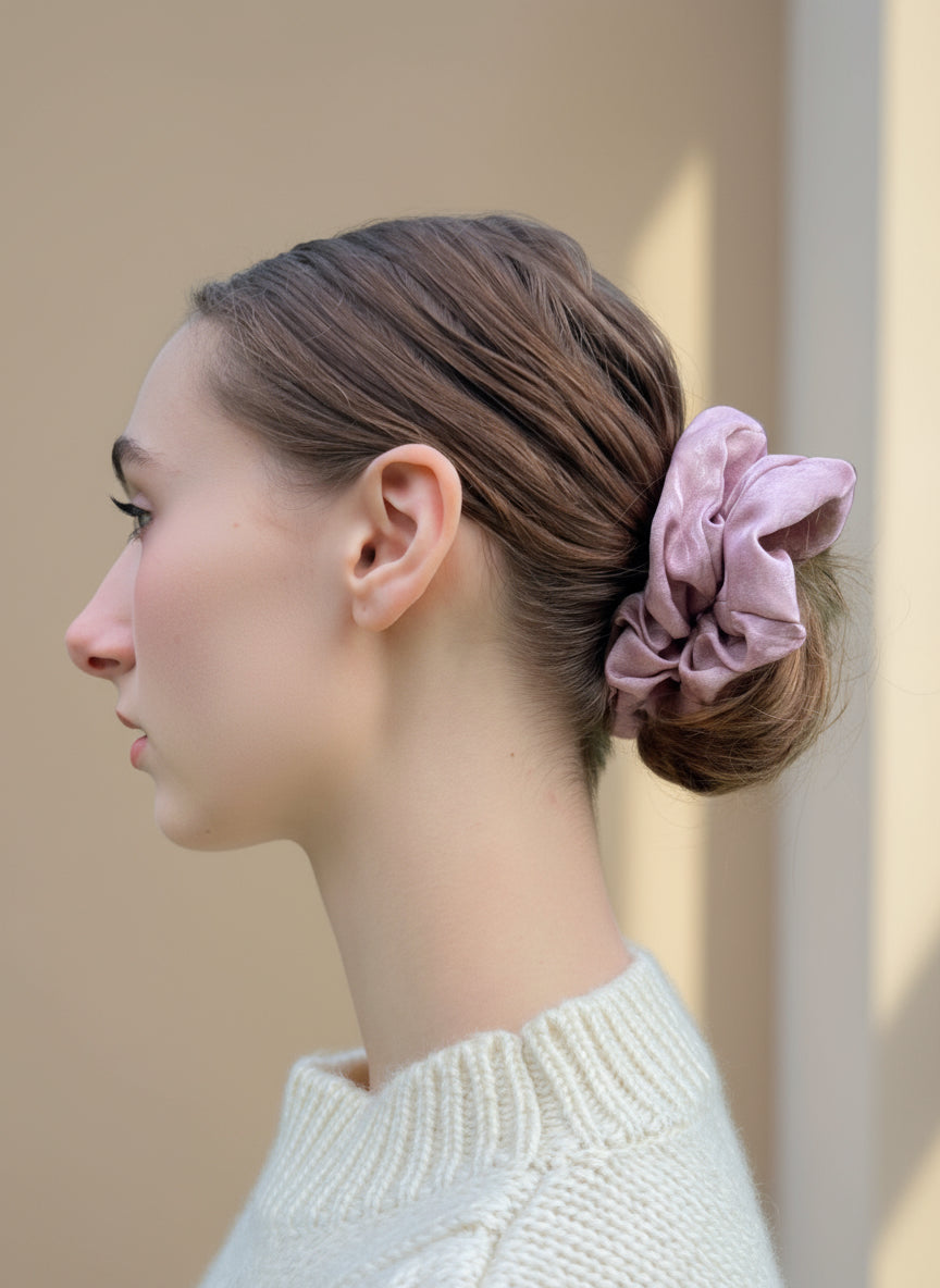 Woman with a bun holding a Pink handmade rose aromatic scented mulberry silk scrunchie against a neutral background