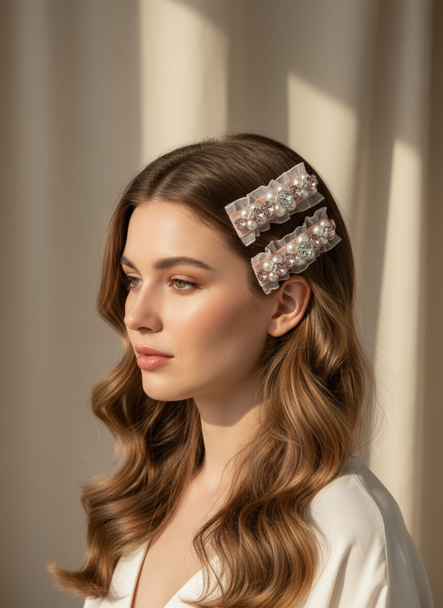 Woman with long wavy hair wearing Pair of hair clips with Swarovski crystals and pearls embellished and silky organza  against a neutral background. Only at petite Murmure.