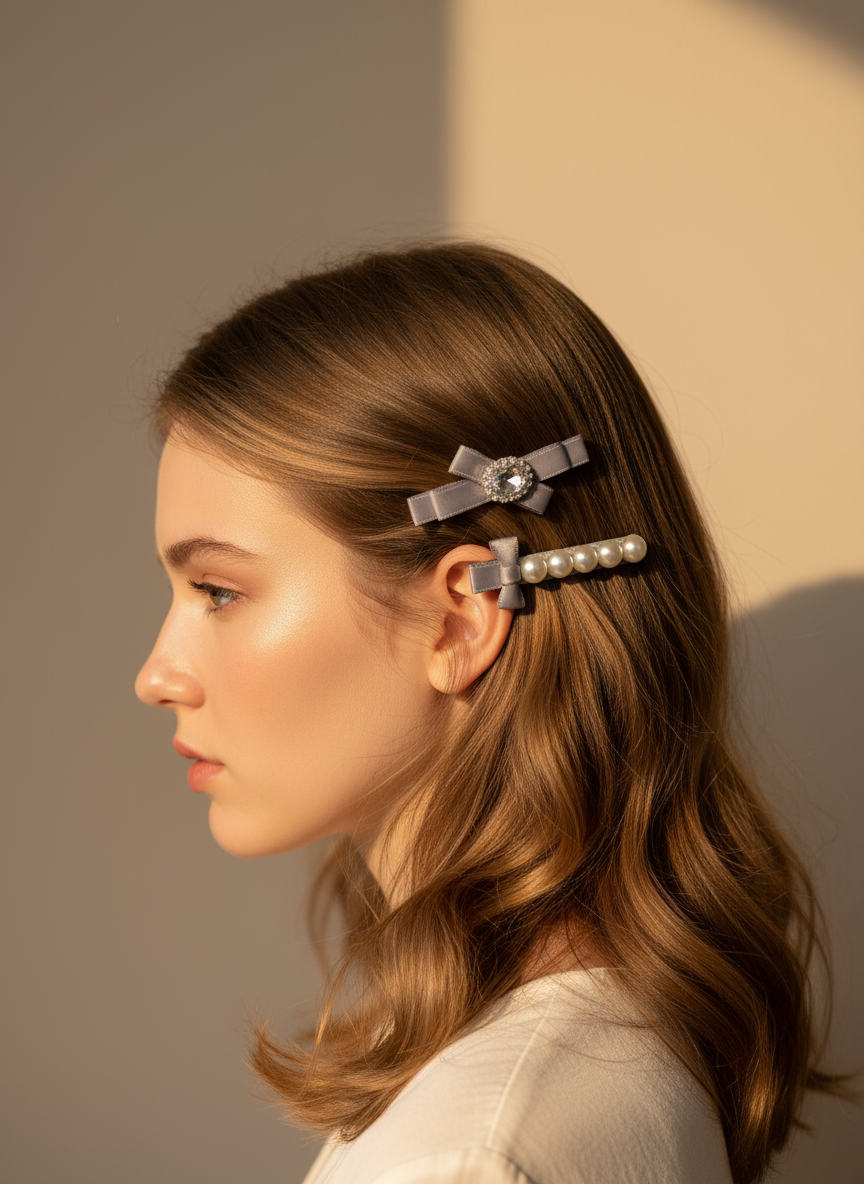 Woman with Set of ribbon bow hair clips with Swarovski crystals and pearls  in her hair against a neutral background