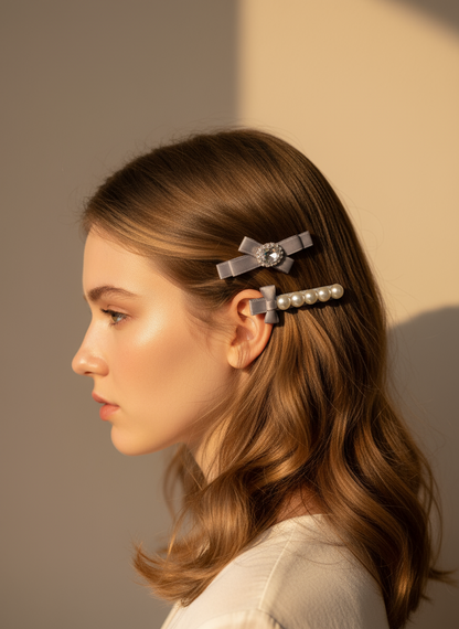 Woman with Set of ribbon bow hair clips with Swarovski crystals and pearls  in her hair against a neutral background