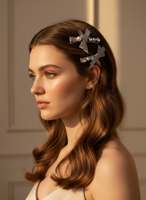 Woman with bow, ribbon,pearls and different shapes Swarovski crystals hair clip on a neutral background