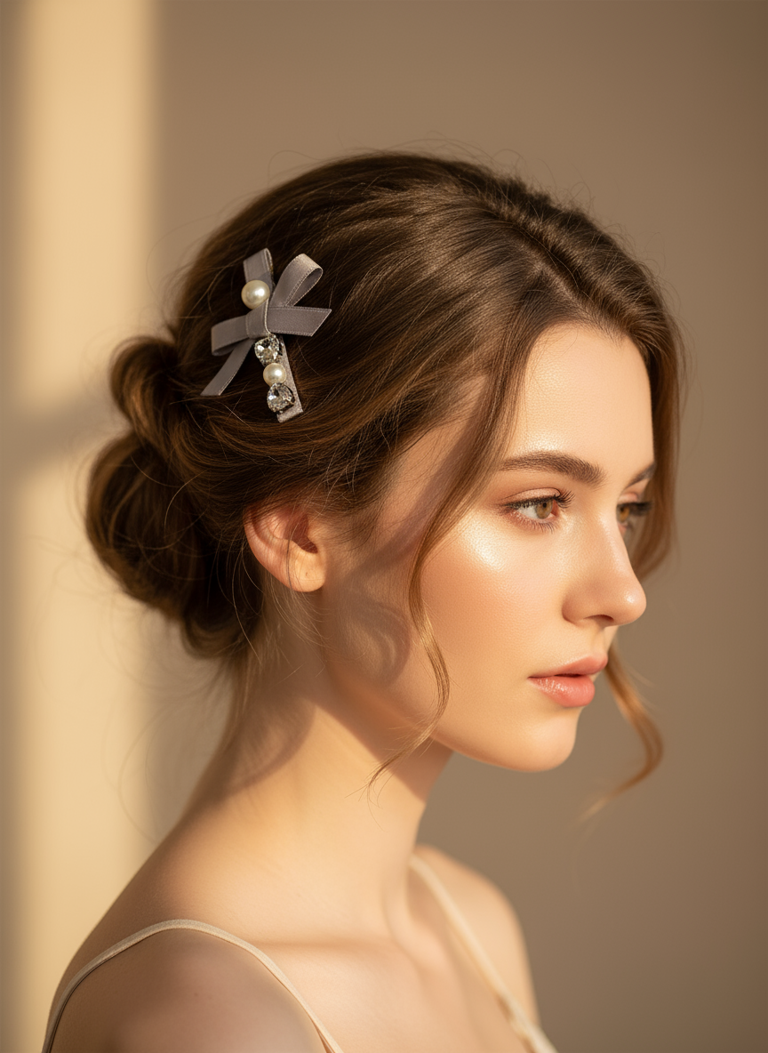 Woman with elegant hair clip with gray bow hair clip with gray ribbons, pearls and Swarovski crystals against a neutral background
