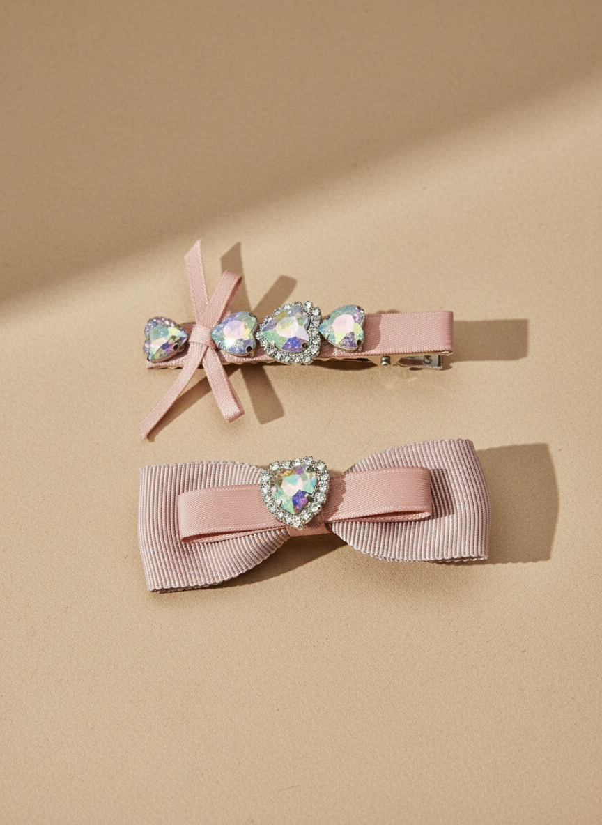 Two pink hair bows with heart-shaped Swarovski crystal centers on a beige background