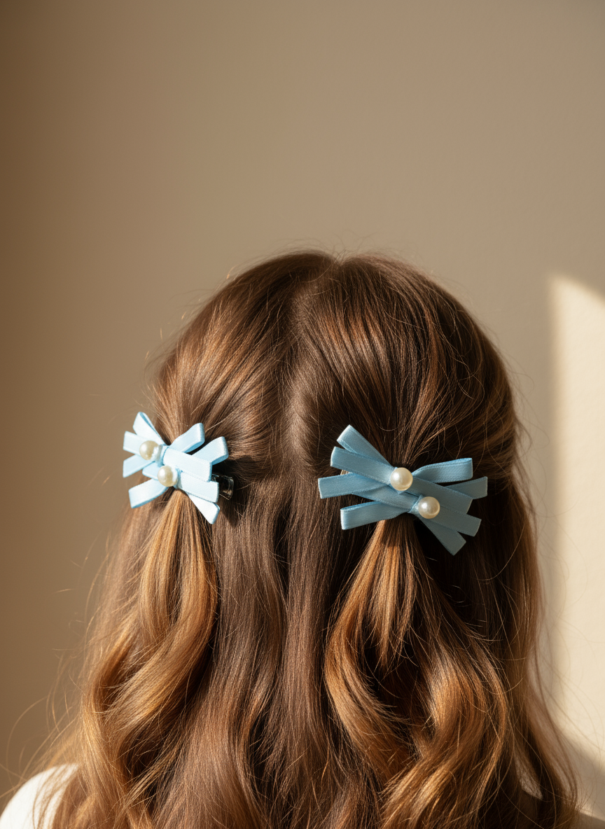 Person with wavy hair wearing Pair of light blue hair bows with pearl centered hair clips against a neutral background