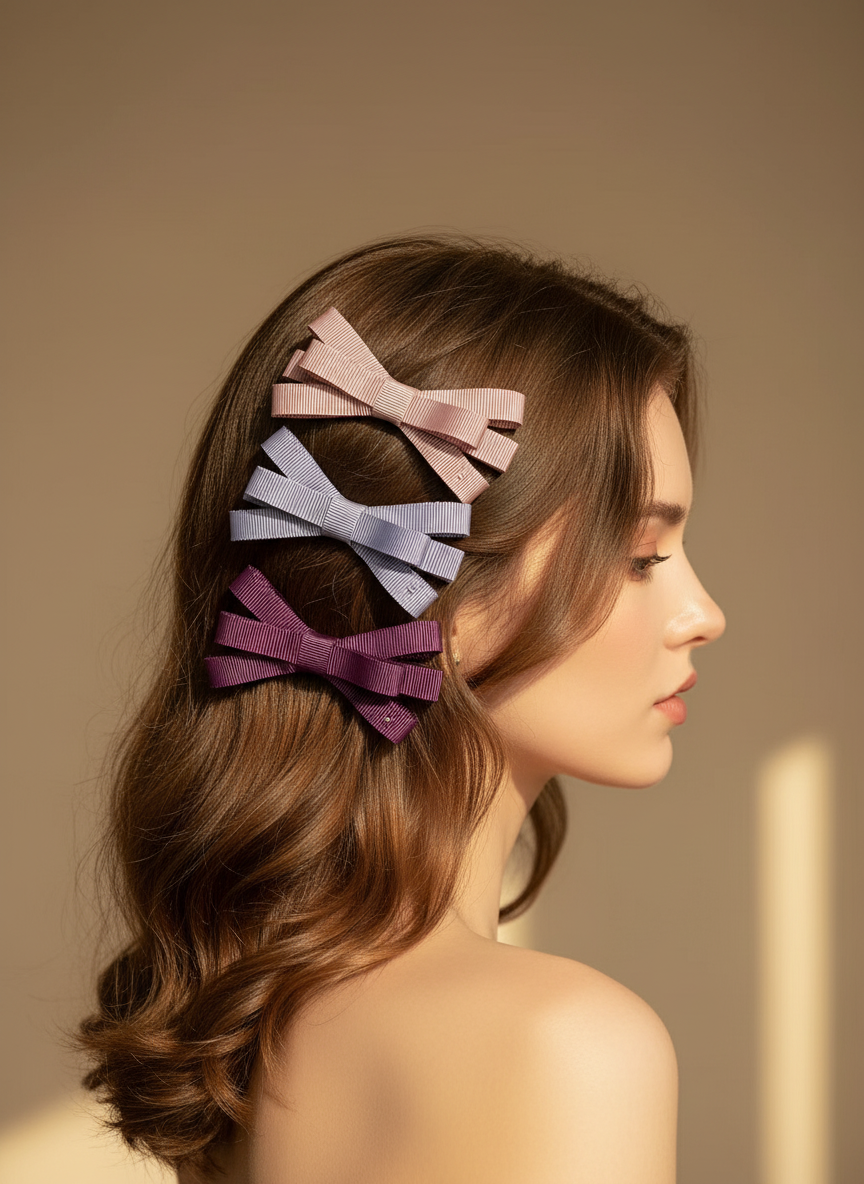 Woman with hair styled with colorful bow clips against a beige background