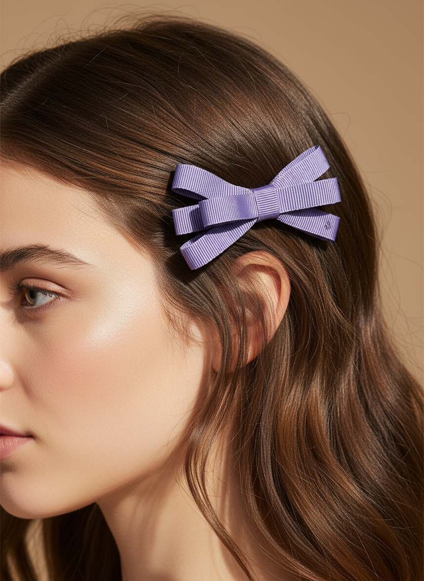 Woman with a purple bow in her hair against a beige background