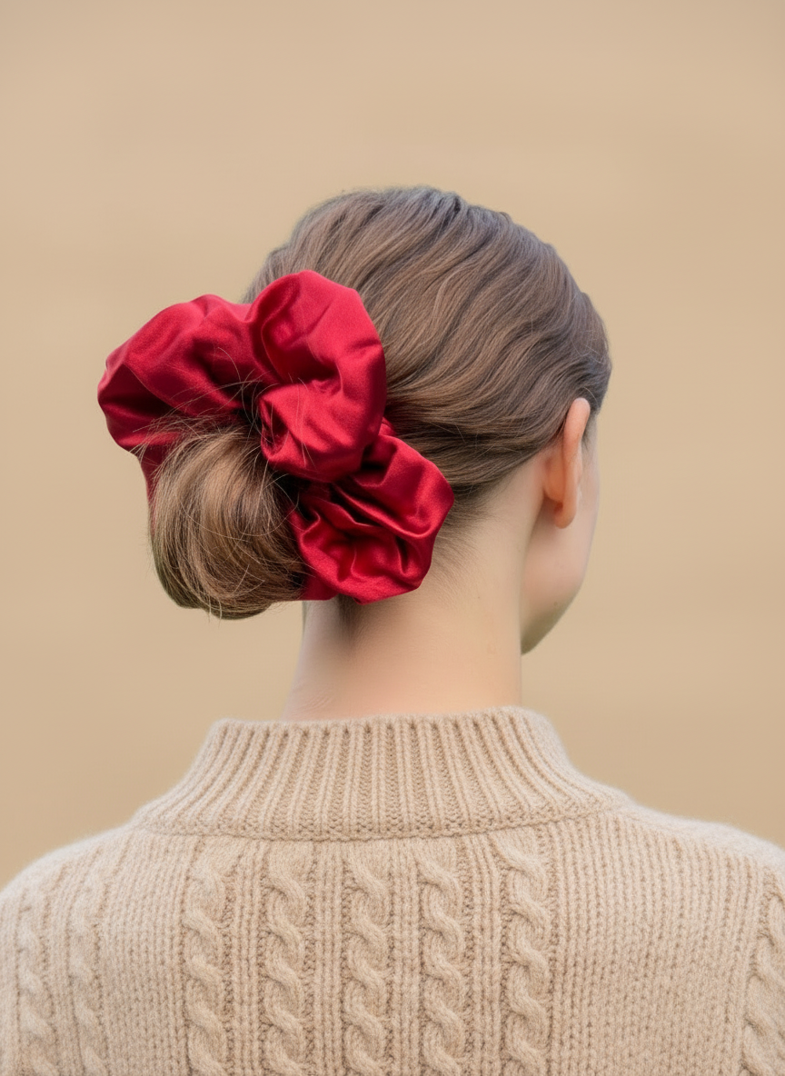 Person wearing a Red handcrafted 30mm mulberry silk scrunchie in their hair against a beige background