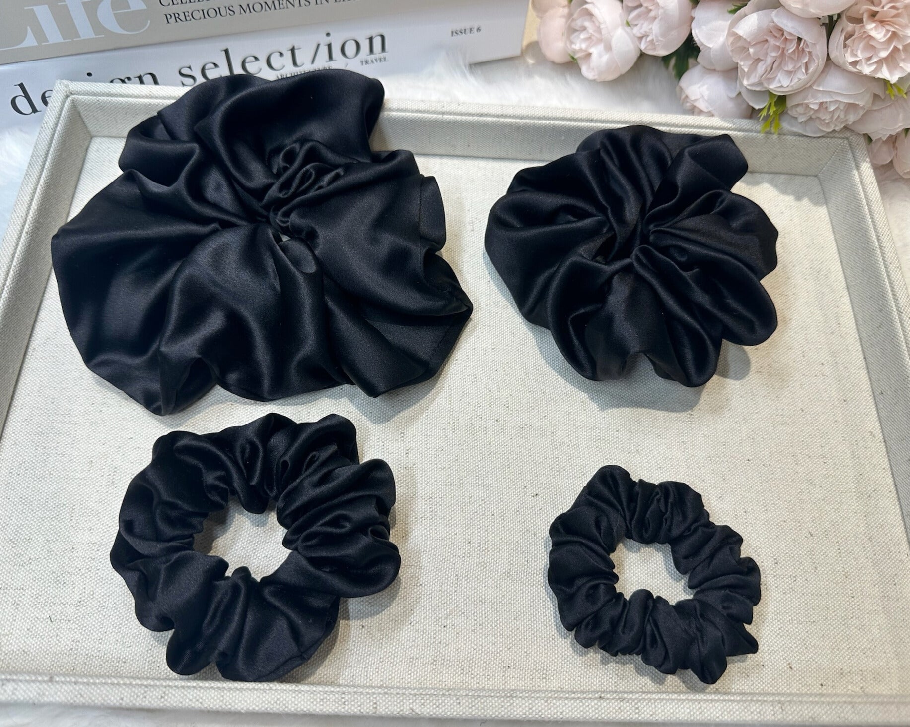 Dahlia Mulberry Silk Scrunchies Package