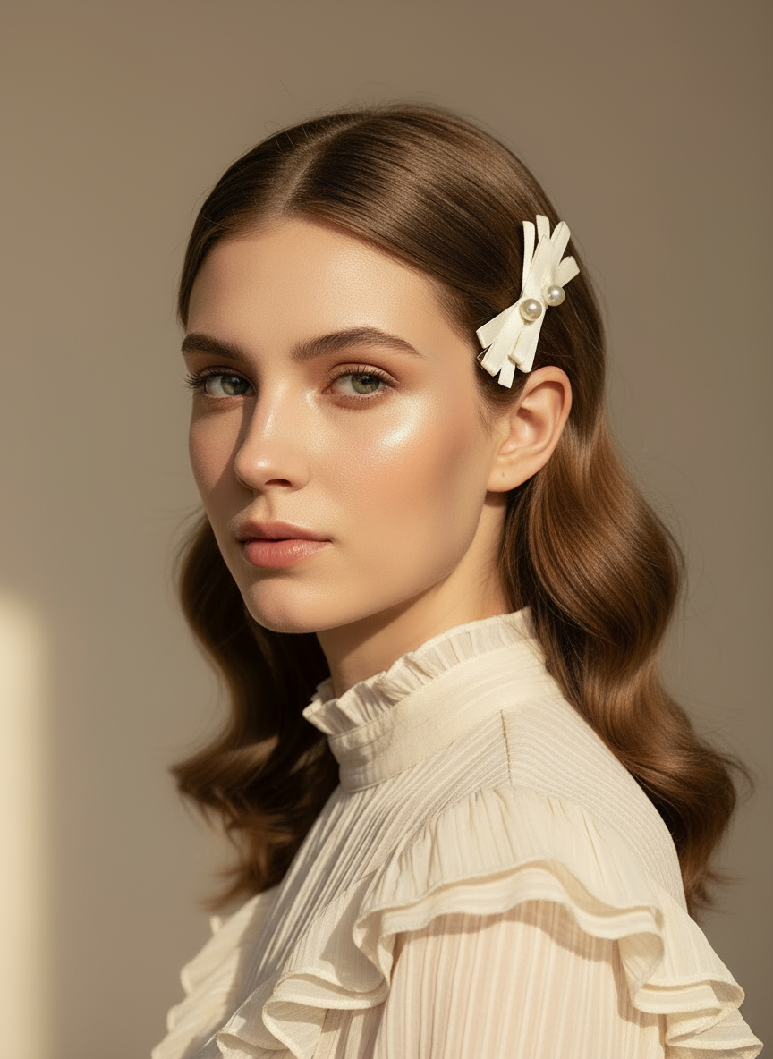 Woman with styled hair featuring a decorative white cream white hair clip with layered bows pearl accents against a neutral background