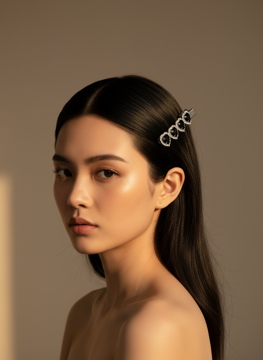 Woman with a Set of hair accessories including a hair clip black heart shaped Swarovski crystals clip and small clear Swarovski crystals on a neutral background