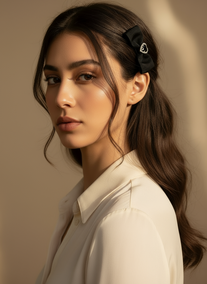 Woman with a black ribbon and black heart shape Swarovski crystal hair clip wearing a white shirt against a beige background