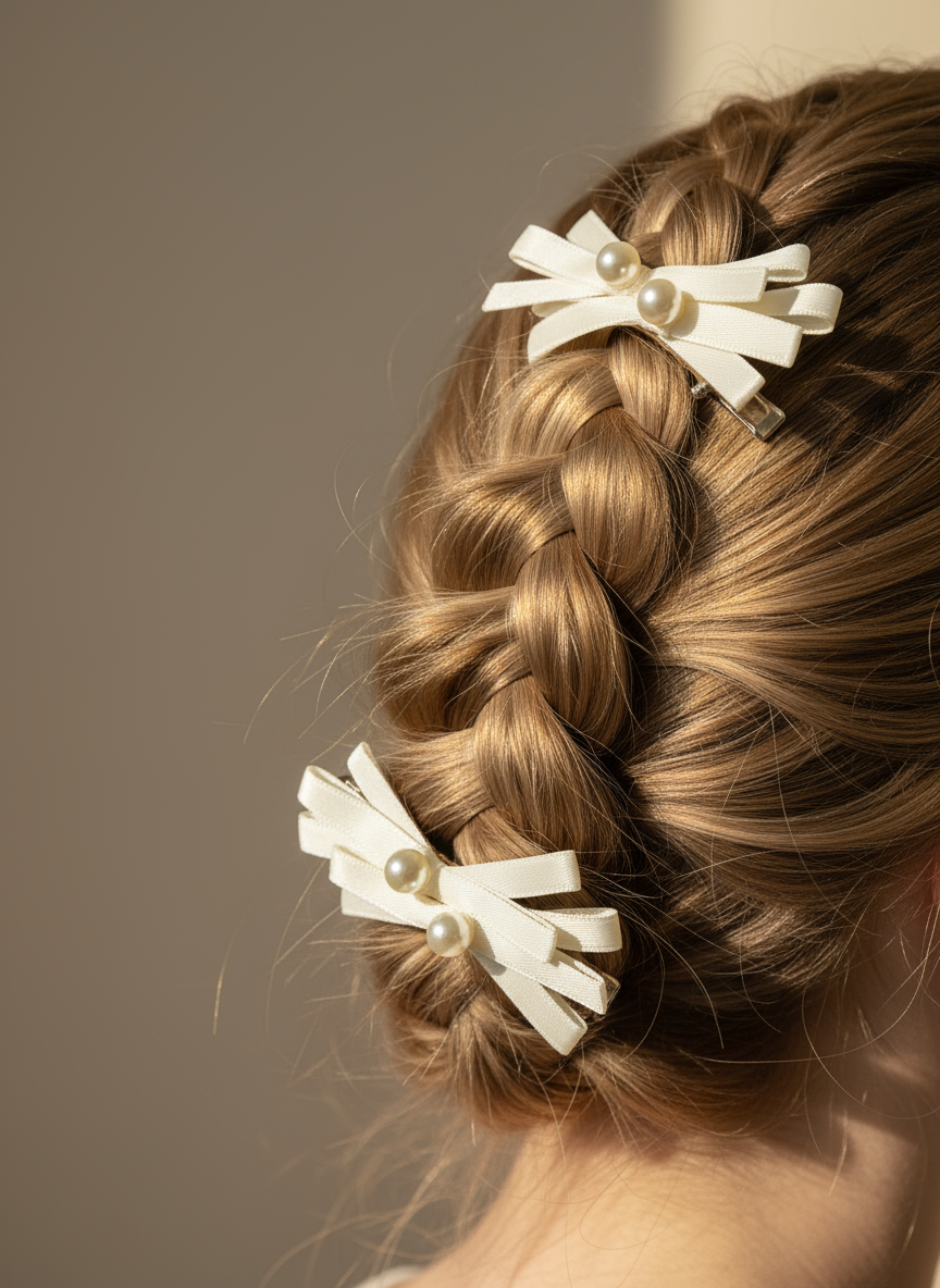 Close-up of braided hair with creamy white hair clips featuring pearl decorations against a neutral background