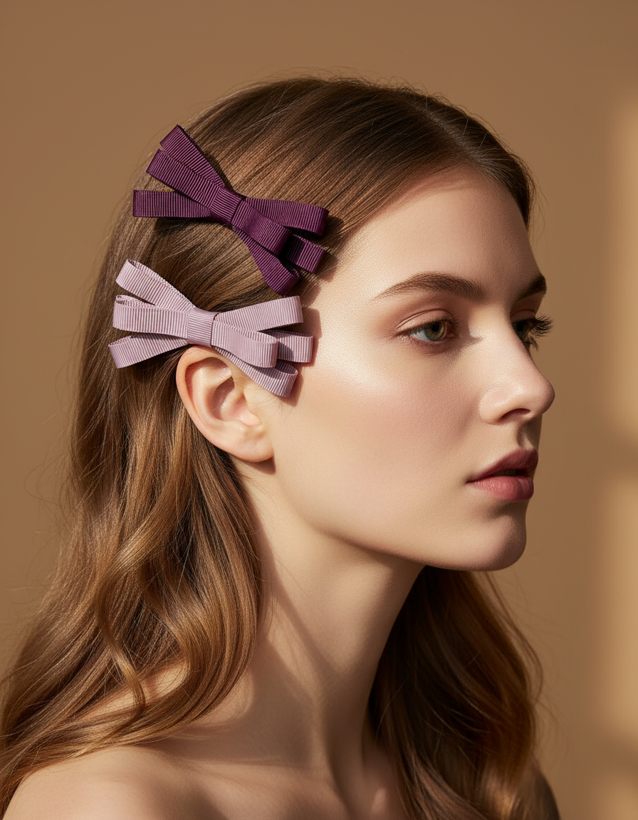 Woman with purple hair bows in her hair against a warm brown background