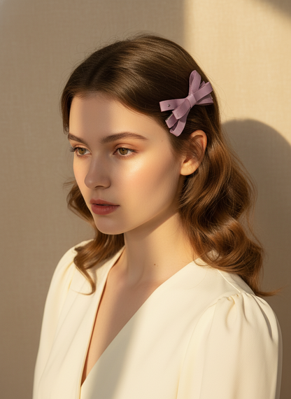 Woman with wavy hair wearing a purple hair clip against a beige background