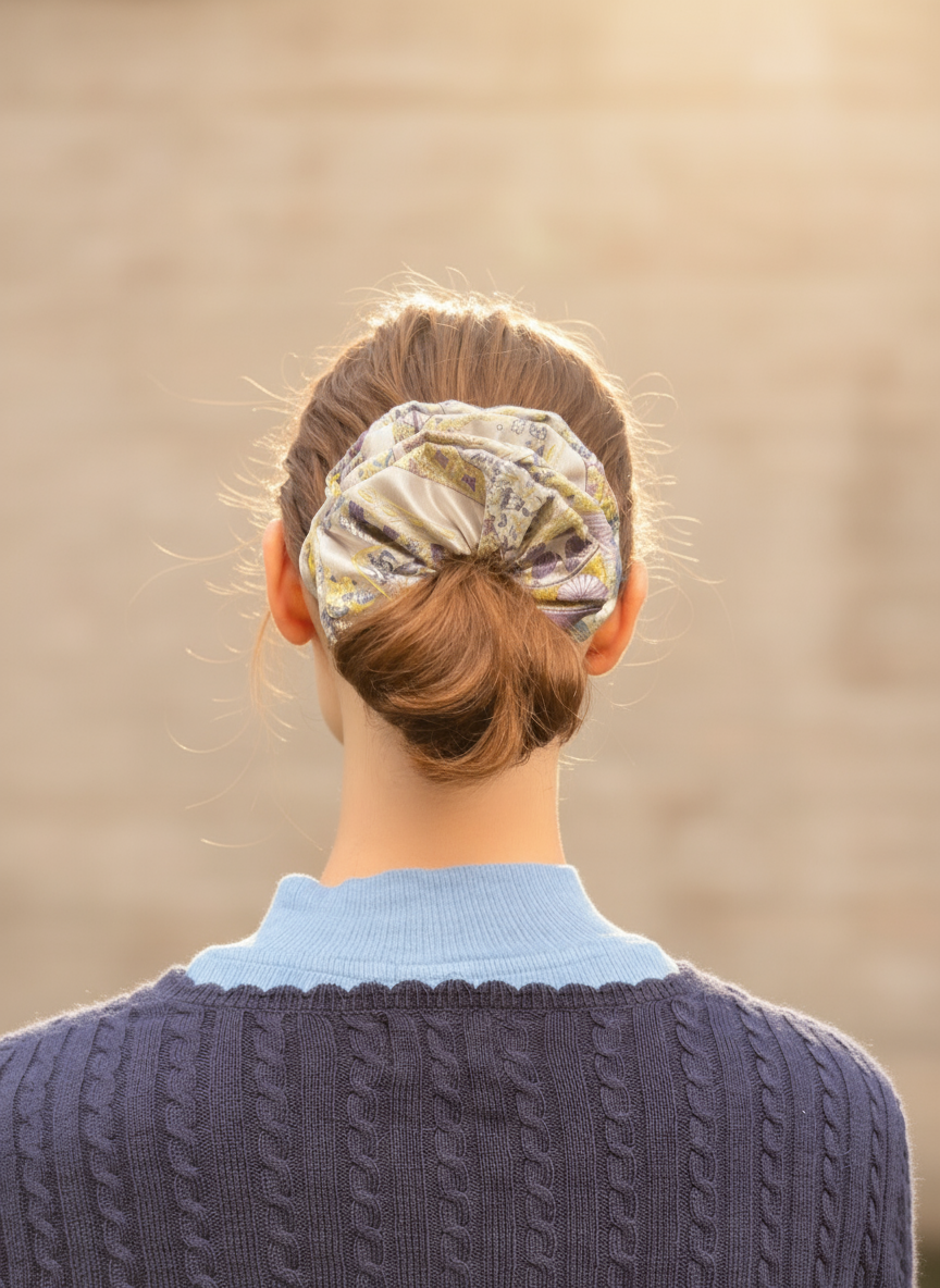 Person wearing a Exclusive Song brocade mulberry silk scrunchie with peony aromatic scent, infused with gold thread. Phoenix patterned scrunchie against a blurred natural background