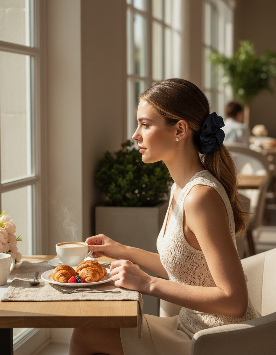 Woman wears Navy handcrafted 30mm mulberry silk scrunchie sitting at a table with a plate of food and a cup, in a bright room with large windows.
