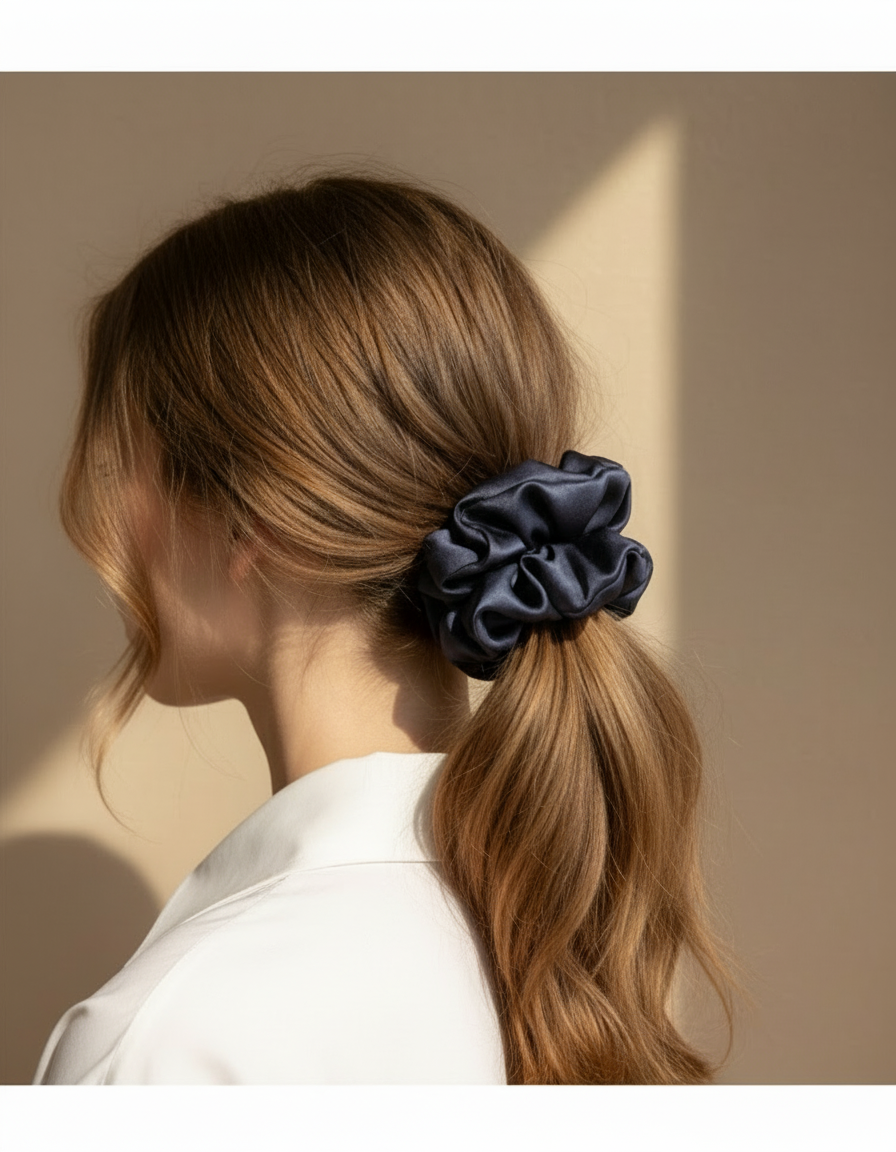 Woman with long hair tied back with a dark Navy handcrafted 30mm mulberry silk scrunchie against a beige wall.