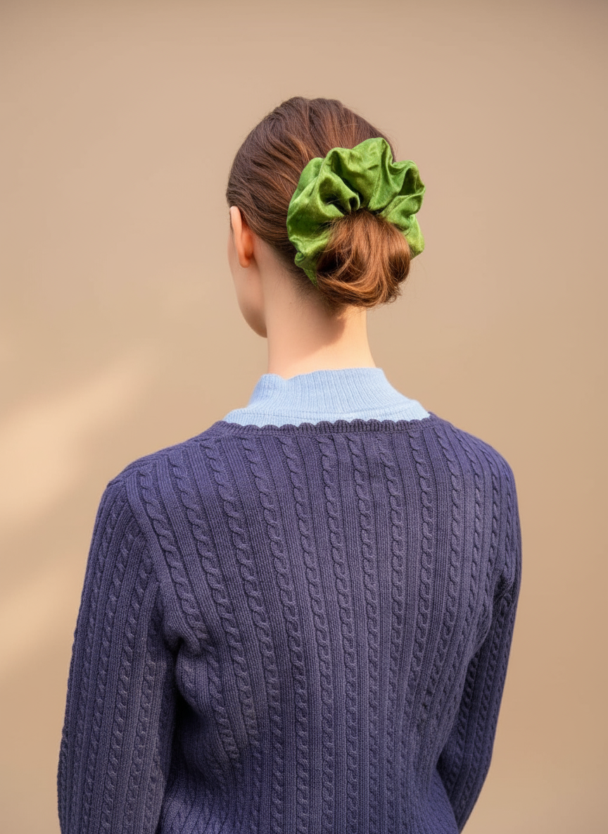 Person wearing a green Handmade Green Tea Scented Mulberry Silk Scrunchies  in their hair against a beige background