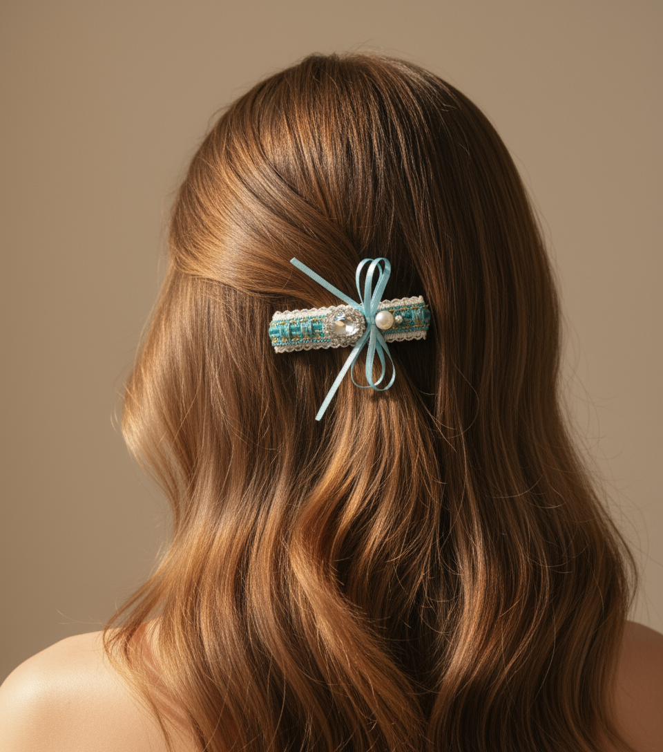 Pince à cheveux en tweed avec nœud orné de bijoux