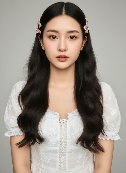 Woman with long black hair wearing a white top and Two pink decorative hair clips with pink bows and heart shape Swarovski crystal  details against a gray background