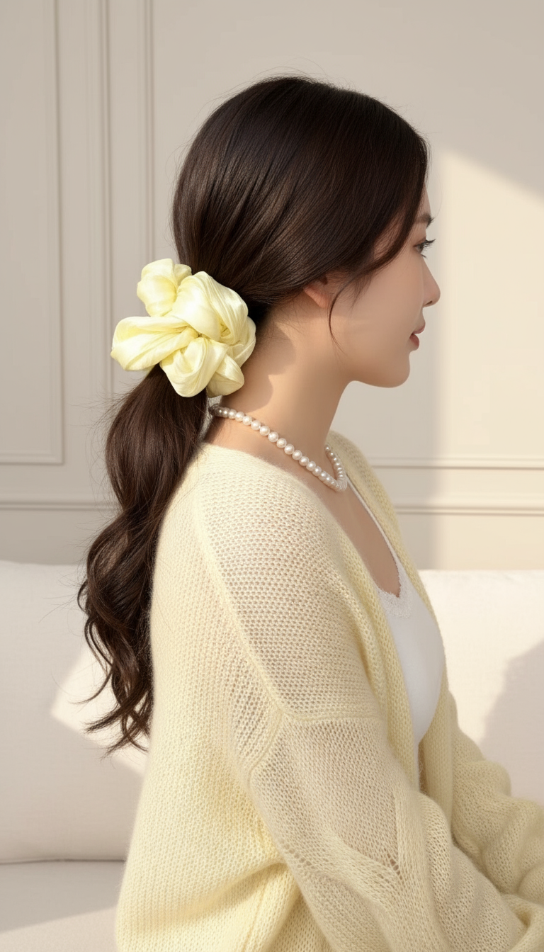 Woman with a yellow organza hair scrunchie and light yellow cardigan sitting on a couch. only at petite murmure