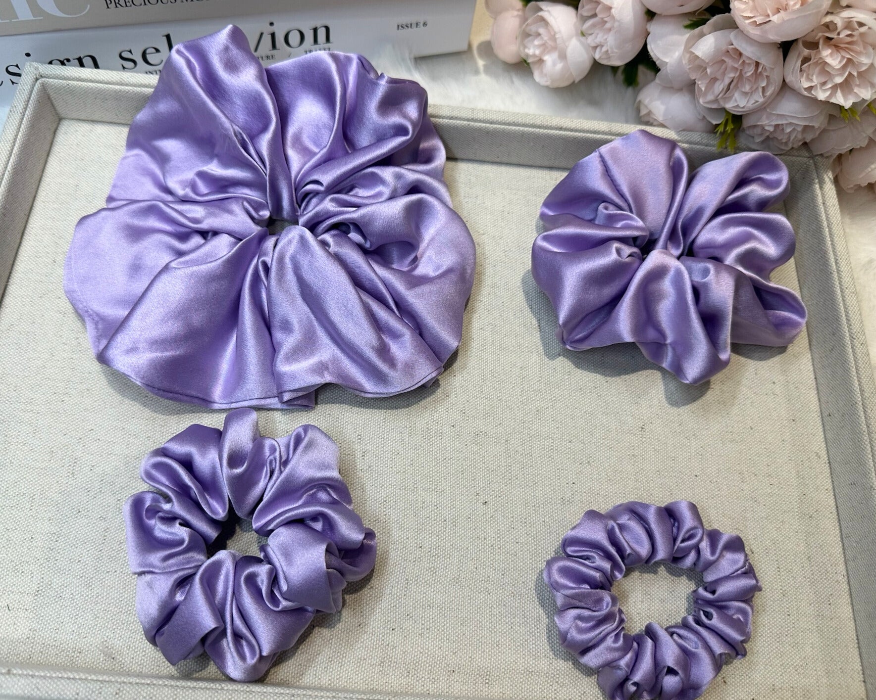 Dahlia Mulberry Silk Scrunchies Package